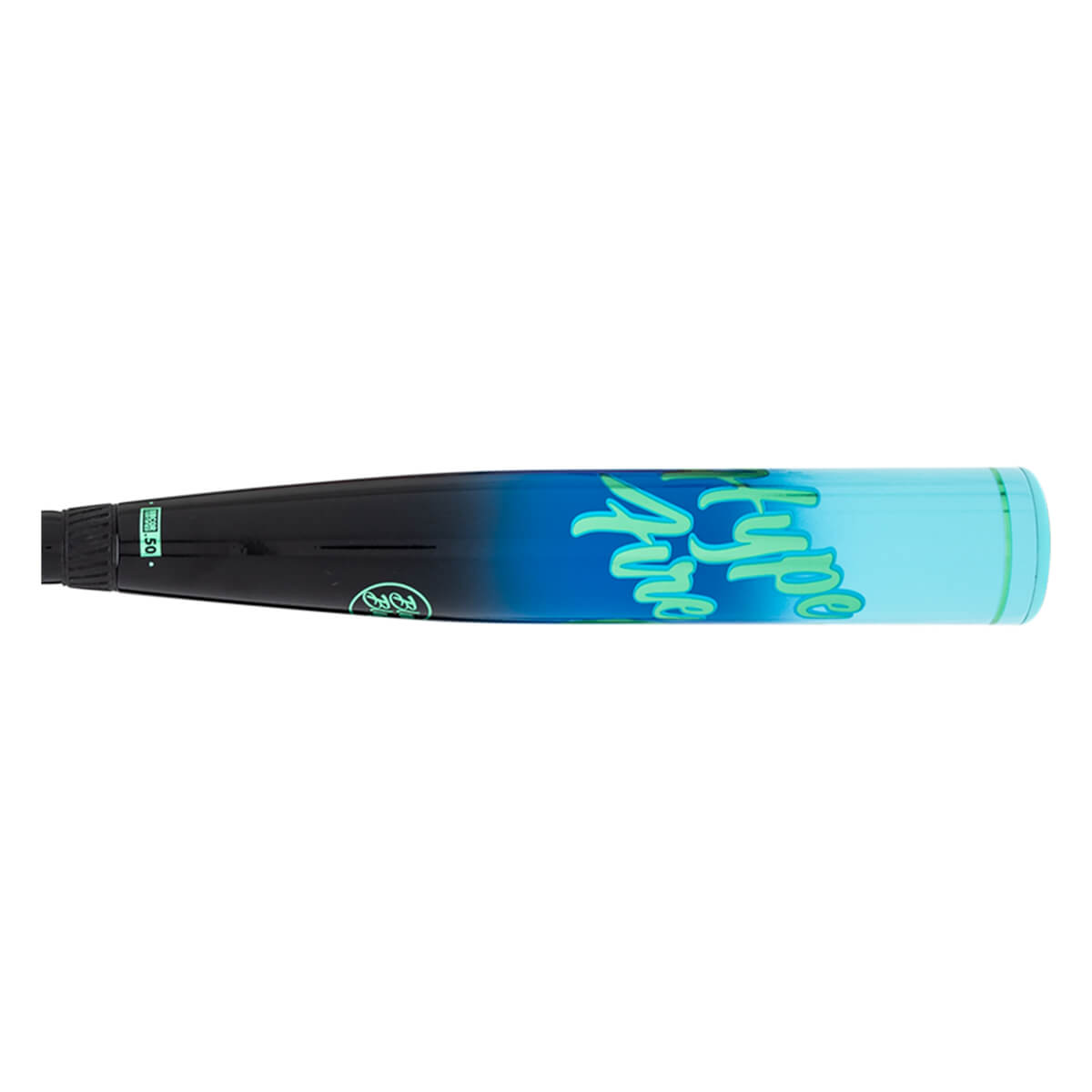 Side view of a black and blue baseball bat with "Hype" in neon green lettering and a "50" marking.