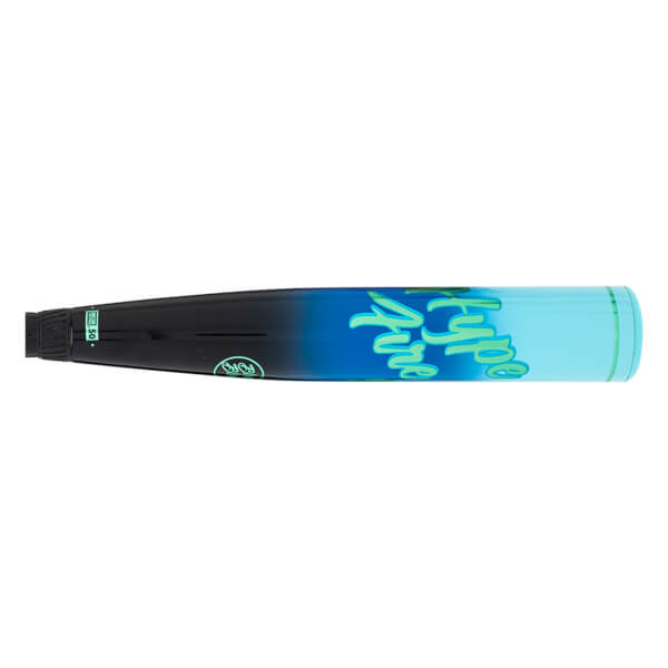 Side view of a black and blue baseball bat with "Hype" in neon green lettering and a "50" marking.