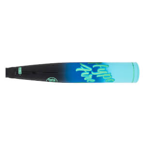 Side view of a black and blue baseball bat with "Hype" in neon green lettering and a "50" marking.