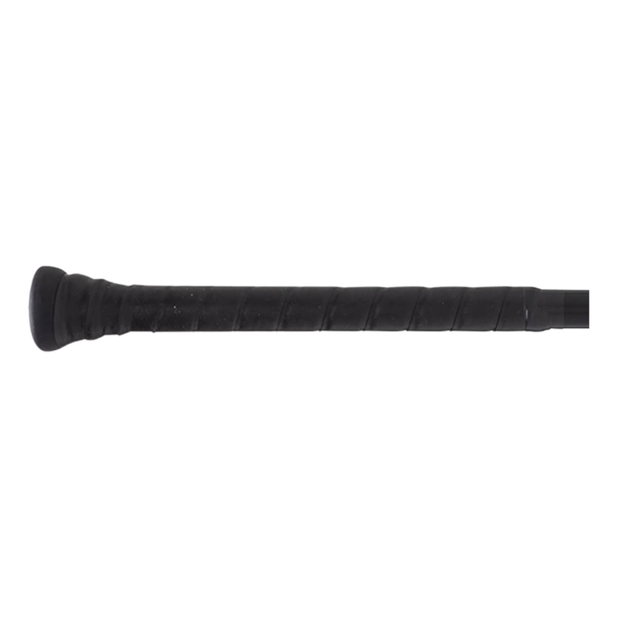Close-up of the black grip tape on a baseball bat, showing the textured spiral pattern.
