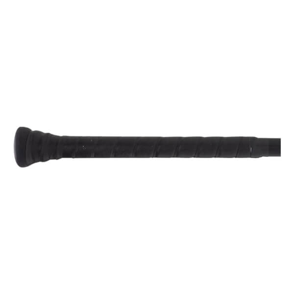 Close-up of the black grip tape on a baseball bat, showing the textured spiral pattern.