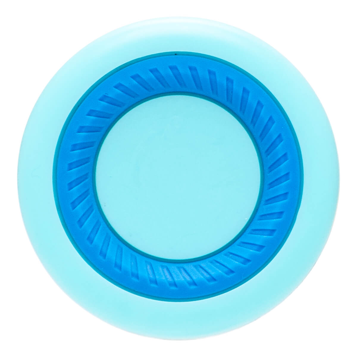 Top-down view of a light blue disc with a textured blue inner ring.