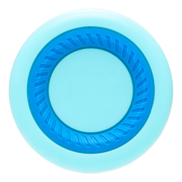 Top-down view of a light blue disc with a textured blue inner ring.