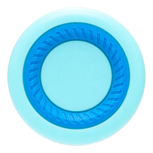 Top-down view of a light blue disc with a textured blue inner ring.