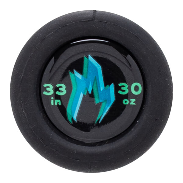 Top-down view of a black grip with a circular emblem featuring a blue and green lightning bolt, "33 in", and "30 oz".
