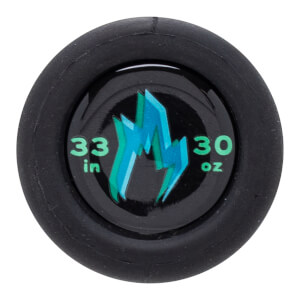Top-down view of a black grip with a circular emblem featuring a blue and green lightning bolt, "33 in", and "30 oz".