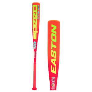 Side view of an orange Easton baseball bat with neon green "EASTON" and "SPEED COMP" text, and a blue chevron design.