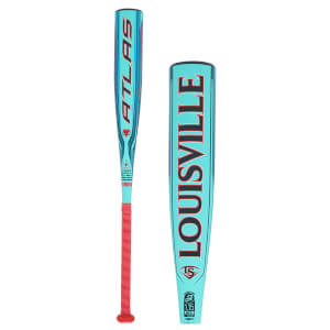Front view of a teal Louisville Slugger baseball bat with "ATLAS 2.0" and "LOUISVILLE" in red and black lettering.