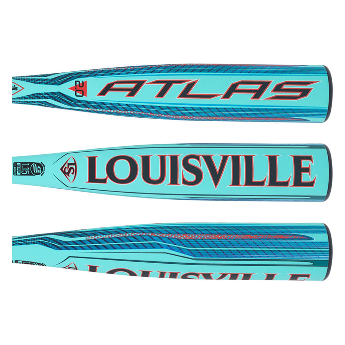 Top view of a teal baseball bat with "ATLAS" in red and black lettering and a blue geometric pattern.