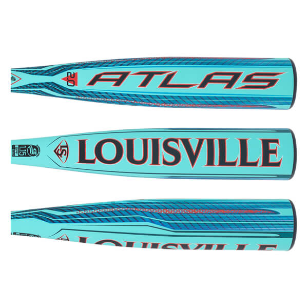 Top view of a teal baseball bat with "ATLAS" in red and black lettering and a blue geometric pattern.
