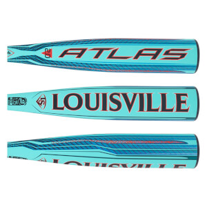 Top view of a teal baseball bat with "ATLAS" in red and black lettering and a blue geometric pattern.