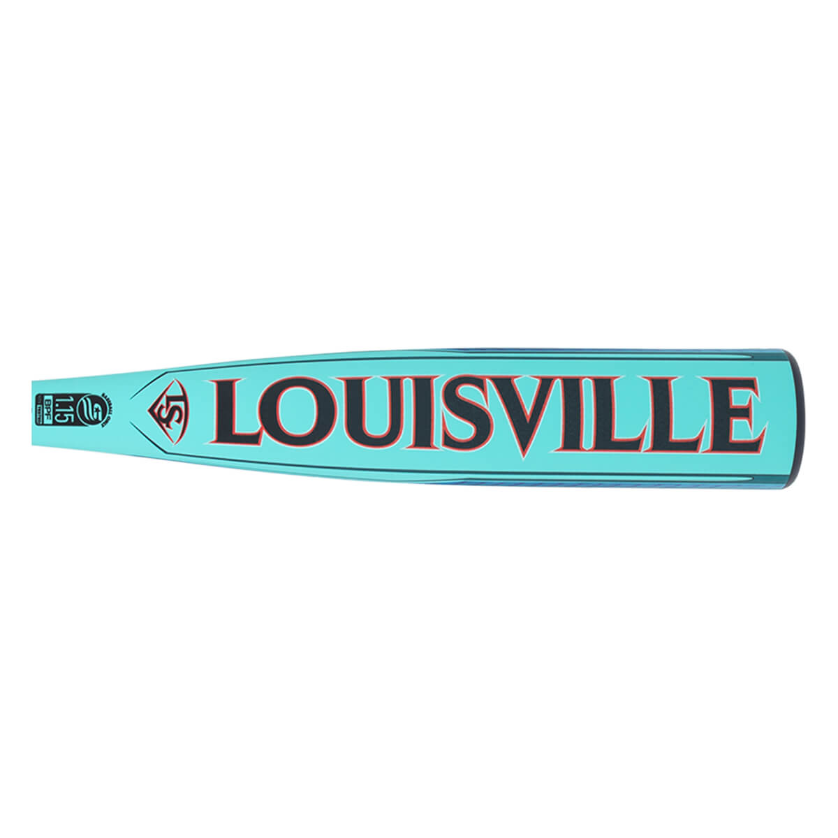 Side view of a teal Louisville Slugger baseball bat with red and black lettering.