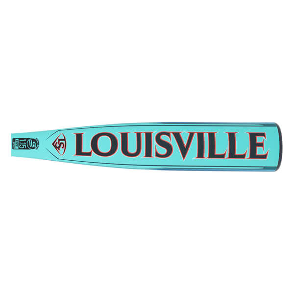 Side view of a teal Louisville Slugger baseball bat with red and black lettering.