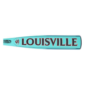Side view of a teal Louisville Slugger baseball bat with red and black lettering.