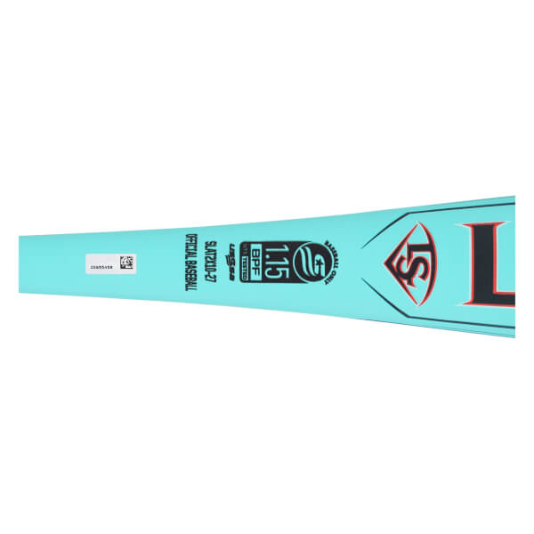 Side view of a teal baseball bat with "LS" logo, "1.15 BPF" and "OFFICIAL BASEBALL" text.