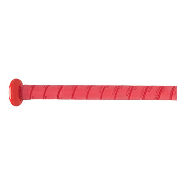 Side view of a red baseball bat grip with "LOUISVILLE" text.