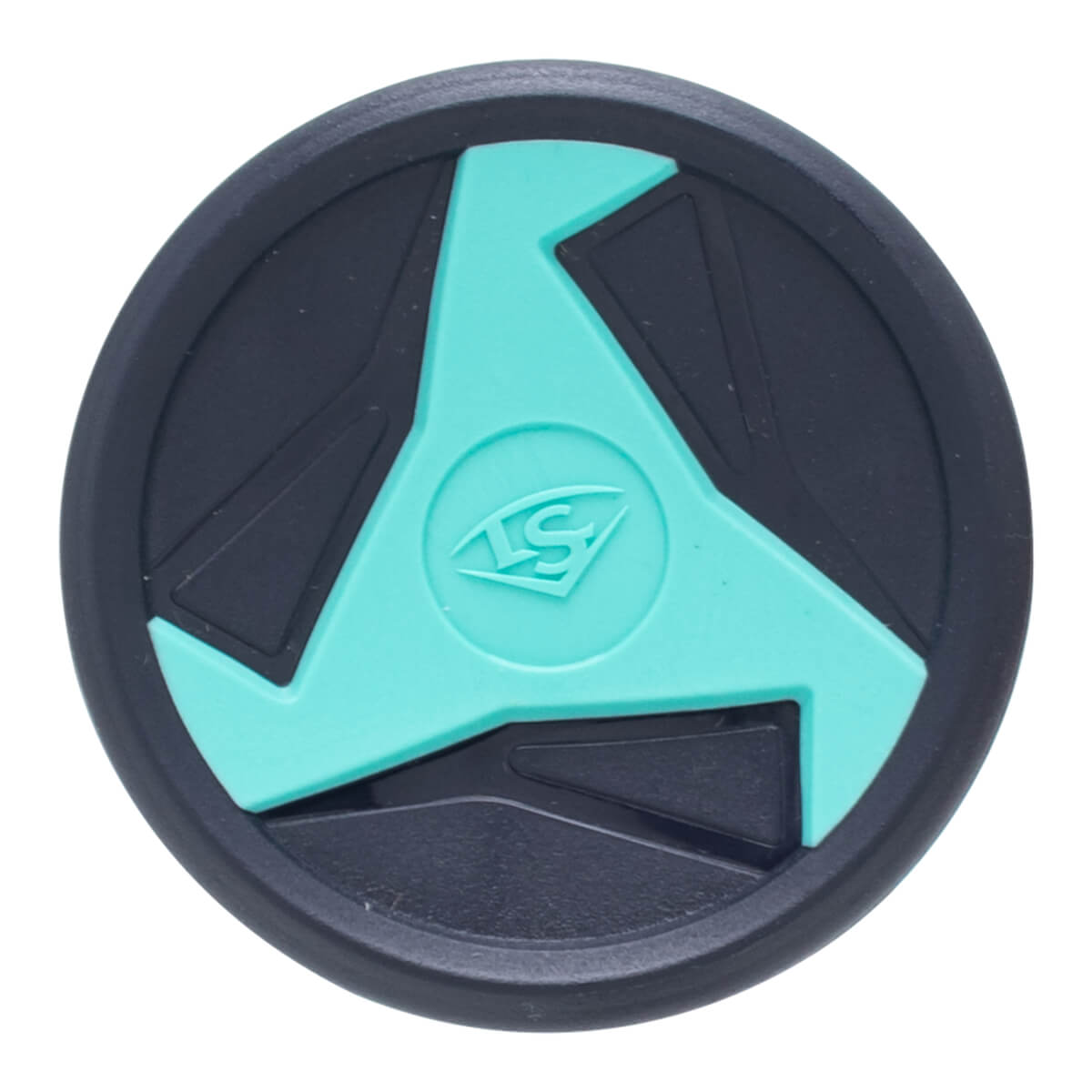 Top-down view of a dark gray bat end cap with a teal accent and the LS logo.