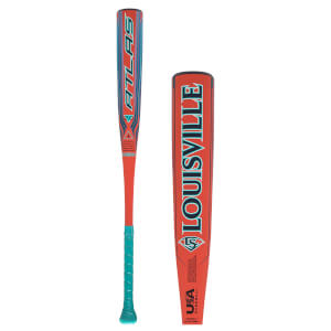 Front view of a red and blue Louisville Slugger baseball bat with "ATLAS 2.0" and "USA BASEBALL" text.