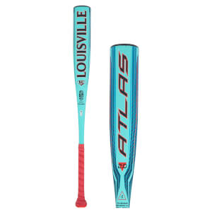 Side view of a teal Louisville Slugger baseball bat with red grip and "ATLAS 2.0" branding.