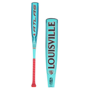 Front view of a teal Louisville Slugger baseball bat with red accents and "ATLAS 2.0" text.
