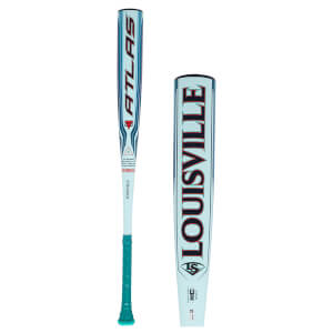 Front view of a light blue Louisville baseball bat with "ATLAS 2.0" and "LOUISVILLE" text, featuring red and blue accents.