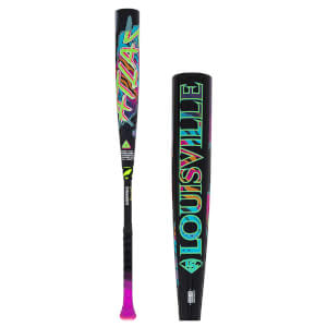 Front view of a black Louisville baseball bat with neon green "ATLAS" lettering and a pink gradient grip.