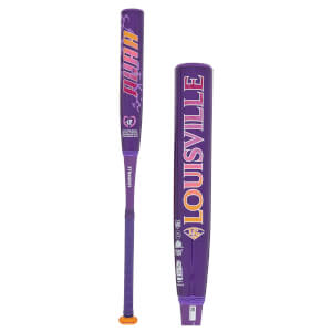 Front view of a purple Louisville softball bat with "ALLHA" in orange and pink lettering and a heart logo.