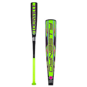Front view of a black Louisville baseball bat with neon green grip and "LOUISVILLE" text.