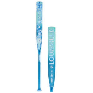 Front view of a blue and white swirled Louisville Slugger bat with "KRYO" and "-9" visible.