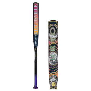 Front view of a Louisville bat with "LOUISVILLE" in orange and pink, and a "USA" logo.