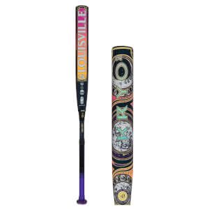 Front view of a Louisville bat with "LOUISVILLE" in orange and pink, and a purple grip.