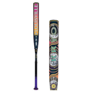 Front view of a Louisville bat with colorful cosmic graphics and "LOUISVILLE" text.