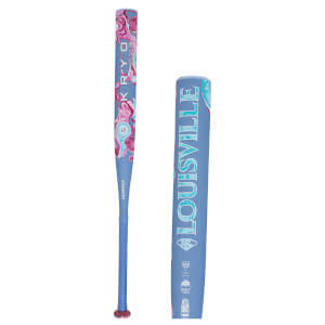 Front view of a blue Louisville baseball bat with a pink and blue marble pattern, showing "KRYO" and "-10" markings.