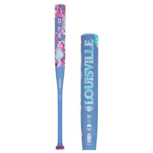 Side view of a blue Louisville baseball bat with a pink and blue marble pattern and "RYO ONE" text.