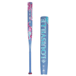 Side view of a Louisville bat with a blue, pink, and white marbled design and "LOUISVILLE" text.