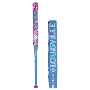 Front view of a blue Louisville bat with pink and teal abstract designs, showing "KRYO" and "ONE".