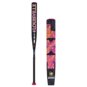 Side view of a Louisville Slugger bat with a pink and orange marbled design and "Louisville" text.