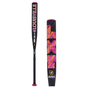 Front view of a Louisville Slugger bat with a black barrel featuring a pink, orange, and purple swirl design and "LOUISVILLE" text.