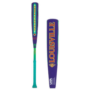 Side view of a purple Louisville Select PWR baseball bat with green accents and grip.