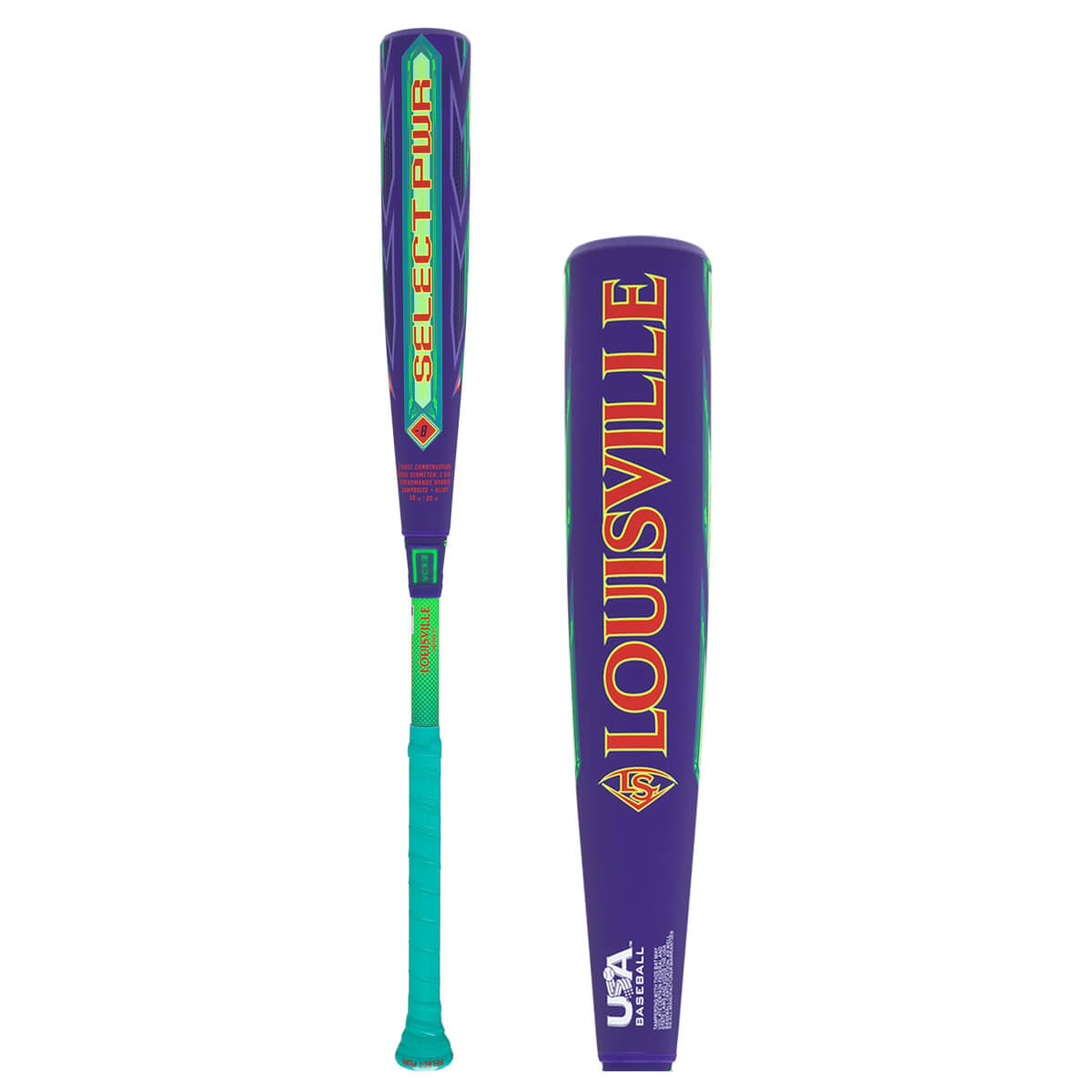 Side view of a purple Louisville Select PWR baseball bat with green and red accents, showing the "LOUISVILLE" text.