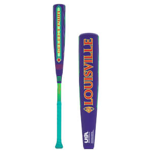 Side view of a purple Louisville Select PWR baseball bat with green and red accents, showing the "LOUISVILLE" text.