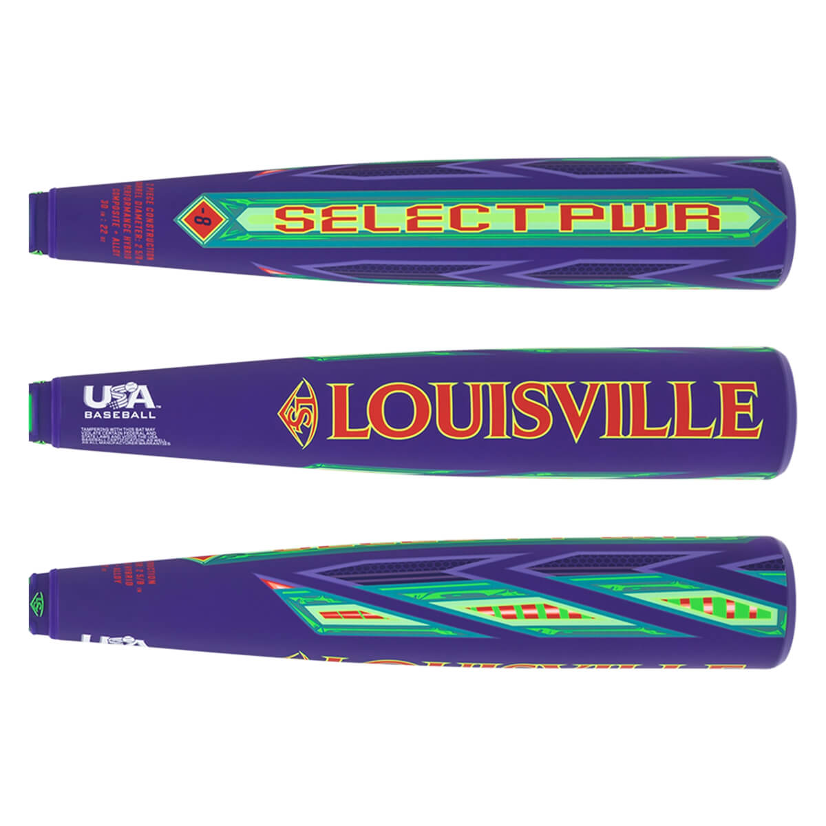 Top-down view of a purple baseball bat with "SELECT PWR" in green and red lettering and a geometric pattern.