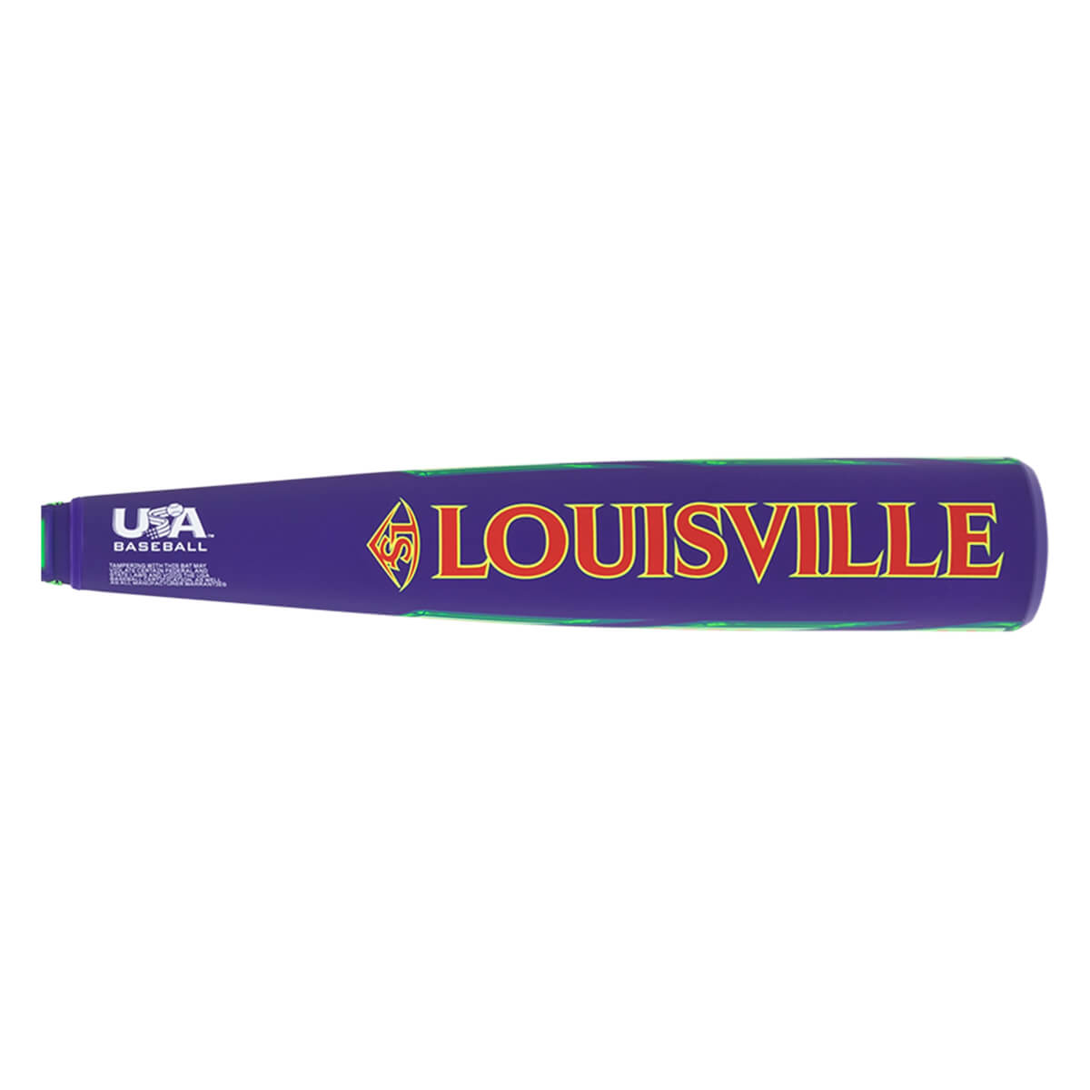 Side view of a purple Louisville Slugger baseball bat with green accents and "USA BASEBALL" text.