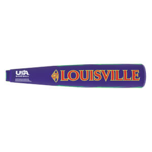 Side view of a purple Louisville Slugger baseball bat with green accents and "USA BASEBALL" text.