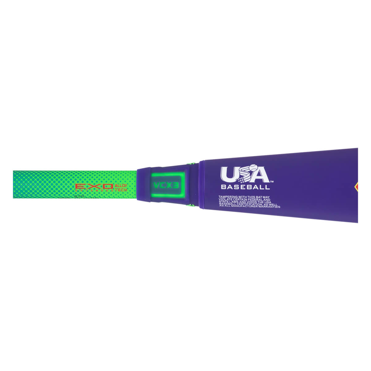 Close-up of a purple baseball bat with "USA BASEBALL" logo and green "EXO" text.