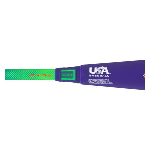 Close-up of a purple baseball bat with "USA BASEBALL" logo and green "EXO" text.