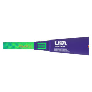 Close-up of a purple baseball bat with "USA BASEBALL" logo and green "EXO" text.