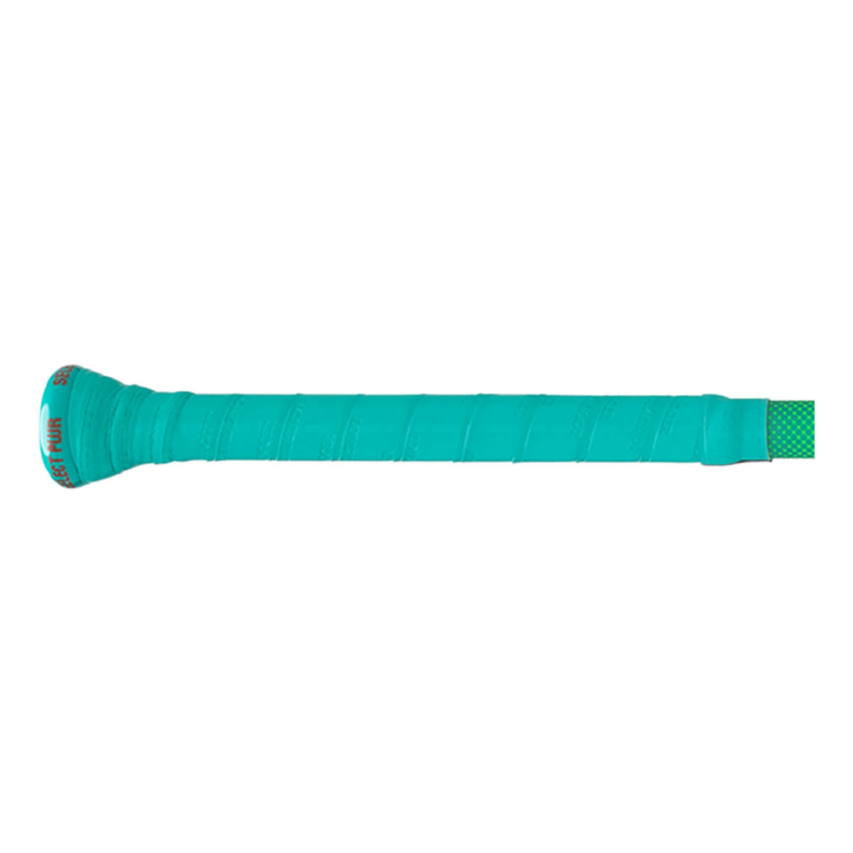 Side view of a teal grip with red text "SELECT FUN" and a green checkered pattern at the end.
