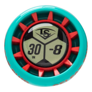 Top-down view of a teal baseball bat end cap with red accents, showing "30 IN" and "-8" markings and the LS logo.