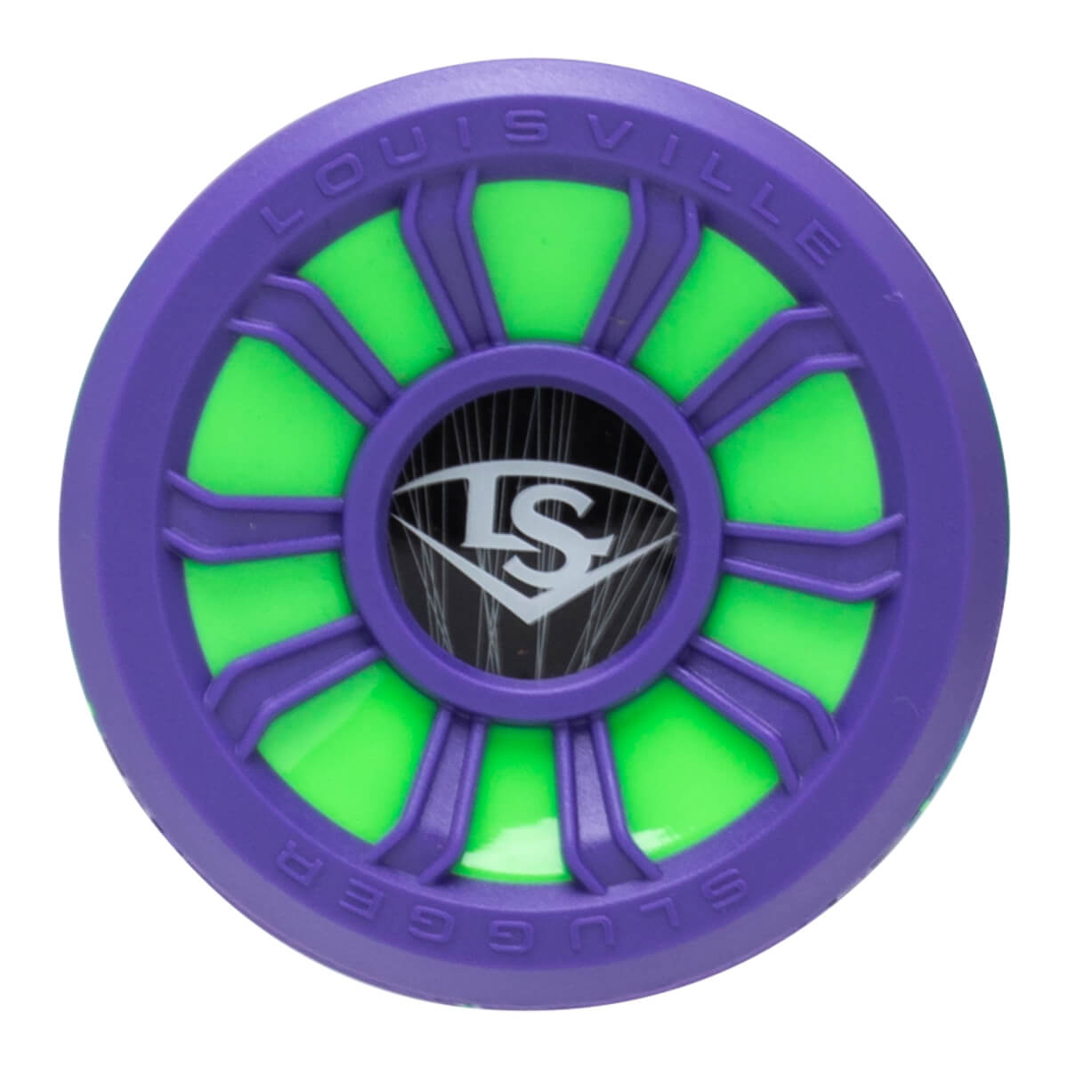 Top-down view of a purple and green Louisville Slugger bat end cap with the LS logo.